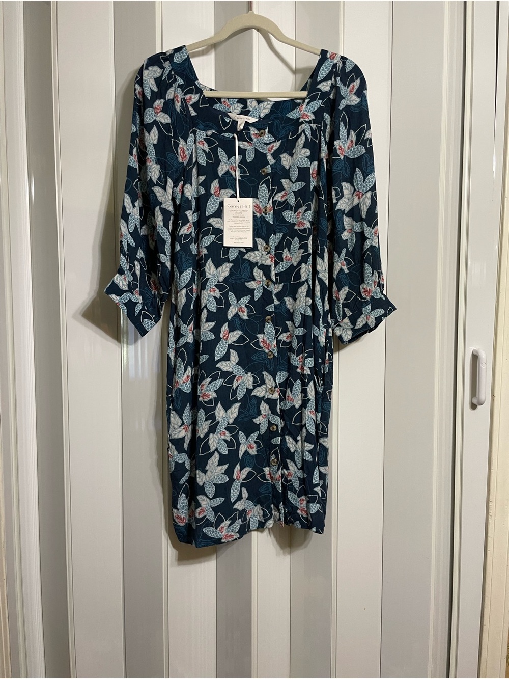 Garnet Hill Navy Floral Button-Front Dress with Blue and Ivory Accents, medium